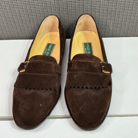 Cole Haan Brown Suede Loafers With Gold Buckle Size 9 M Made In Italy - Picture 2 of 10